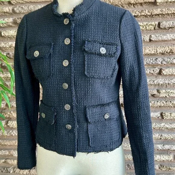 Willow Clay Navy Blue Tweed Military Style Raw Edge Business Blazer Size Small